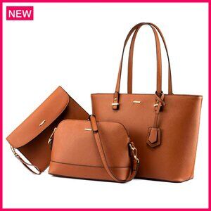 Synthetic Leather Tote Shoulder Bag Set with Wallet Clutch